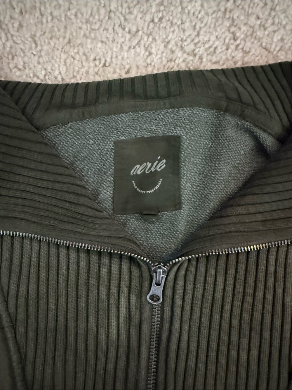 Aerie Olive Green Ribbed Zip Sweater Jacket
